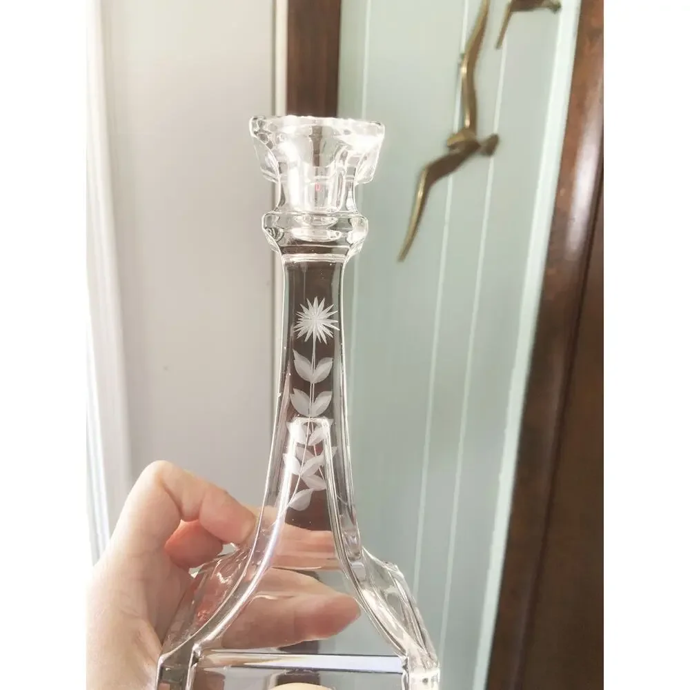 Pair Vintage Etched Glass Tapered Candle Stick Holders Etched Flower on 4 sides